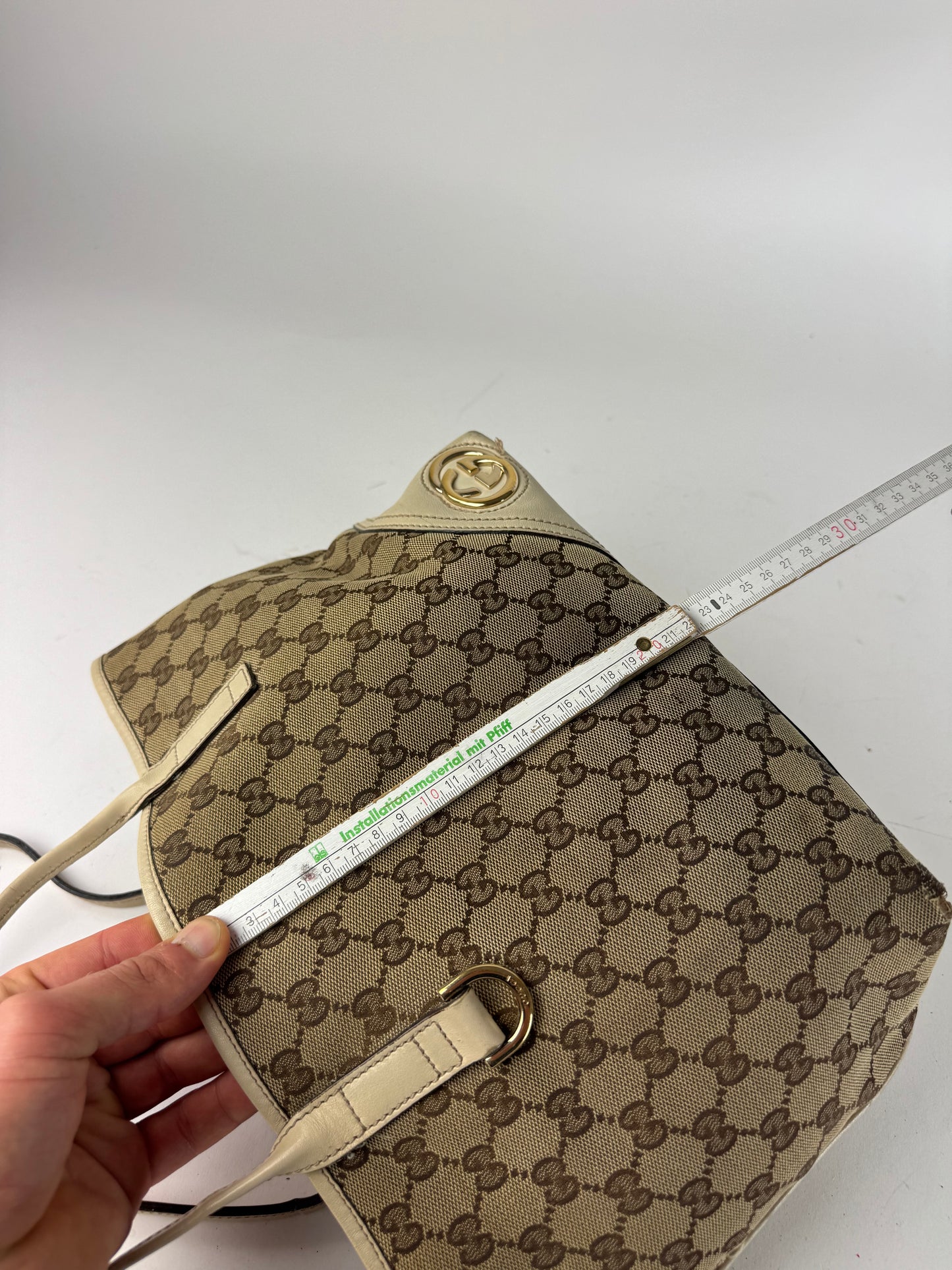 Vintage Gucci Monogram Canvas Leather Tote Bag Beige brown white