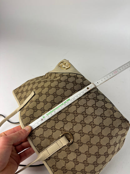 Vintage Gucci Monogram Canvas Leather Tote Bag Beige brown white