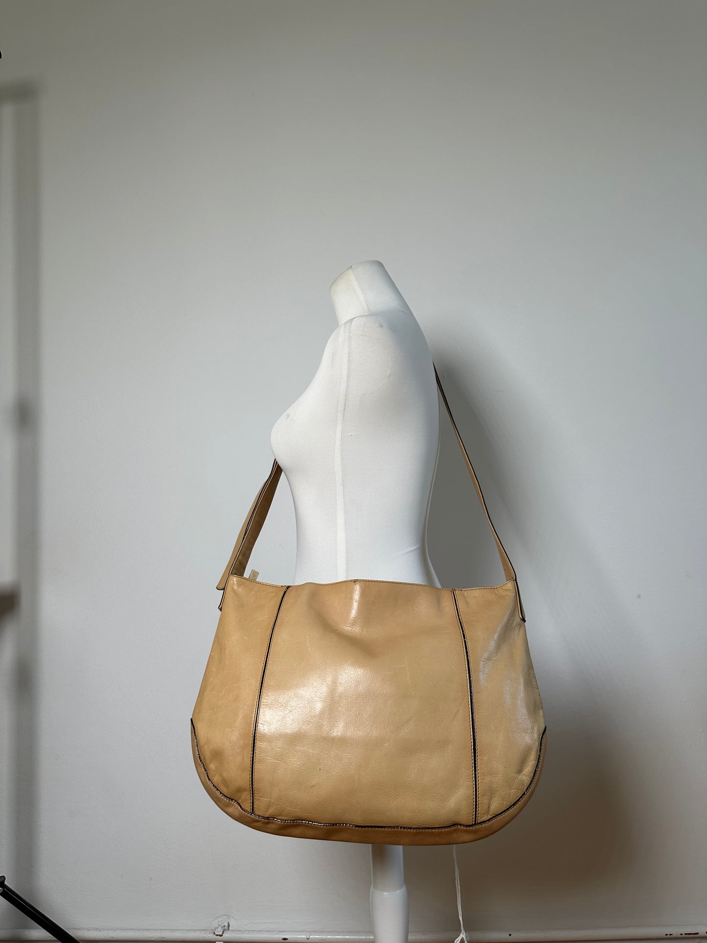 Vintage Issey Miyake Leather Shoulder Bag Beige