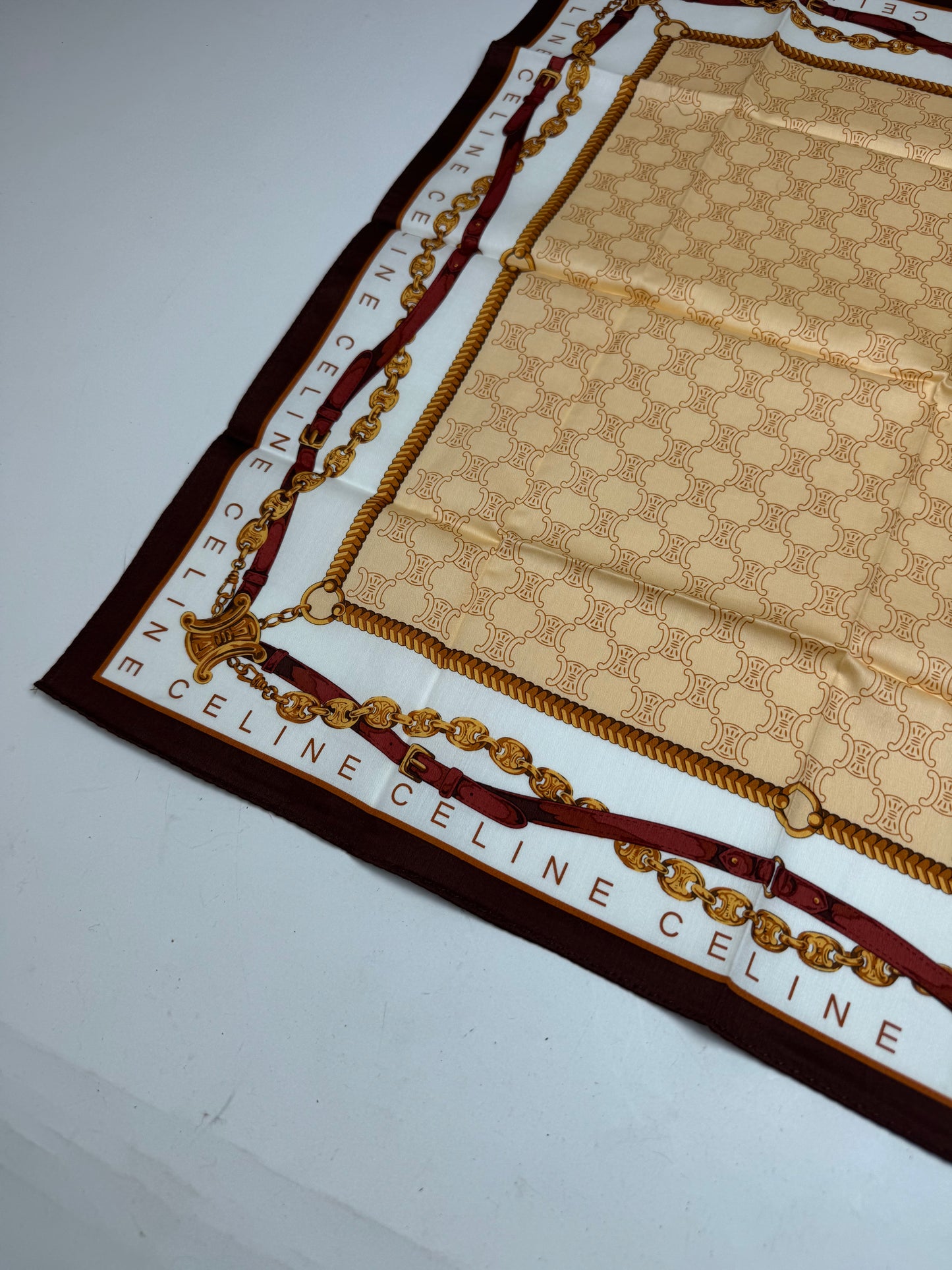 Vintage Celine Paris Monogram Scarf Gold Brown White