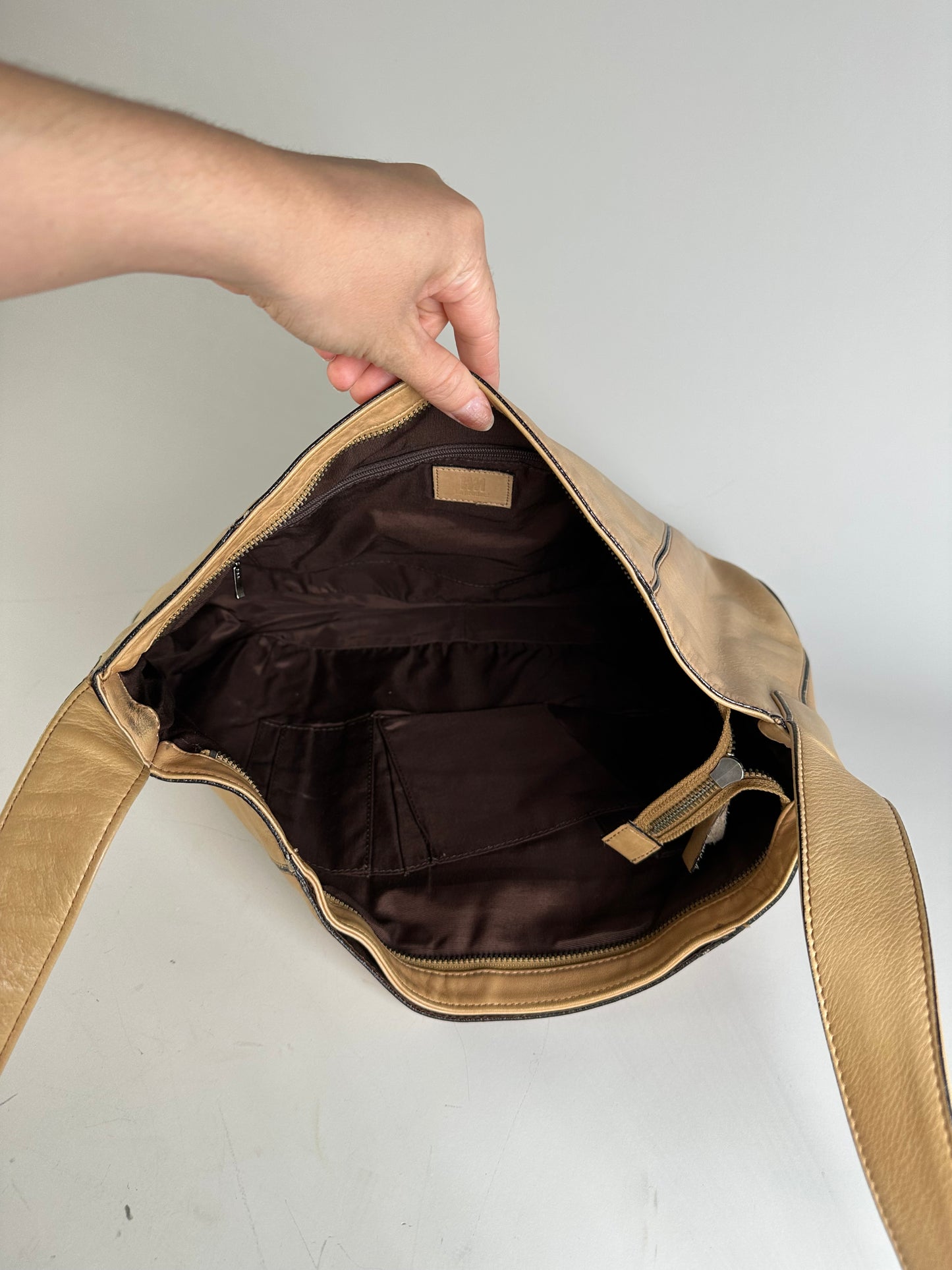 Vintage Issey Miyake Leather Shoulder Bag Beige