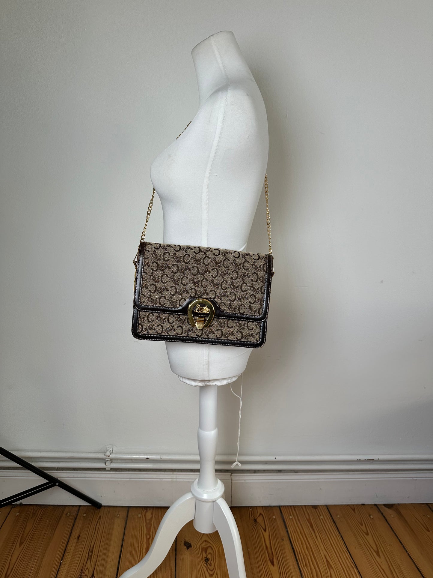 Vintage Celine C Logo Canvas Shoulder Bag Beige Brown Gold