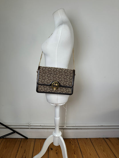 Vintage Celine C Logo Canvas Shoulder Bag Beige Brown Gold
