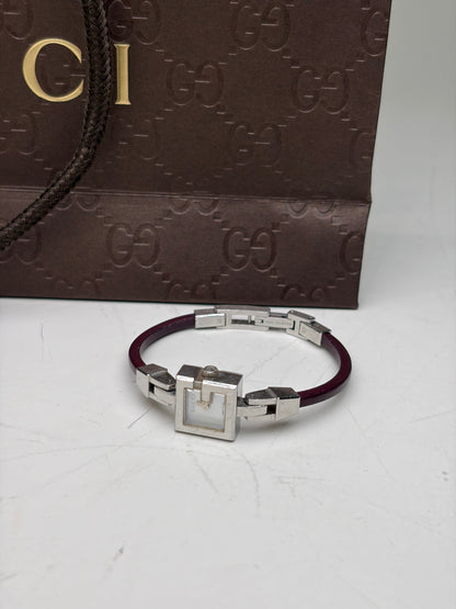 Vintage Gucci Stainless Steel Leather Strap Watch Silver Burgundy