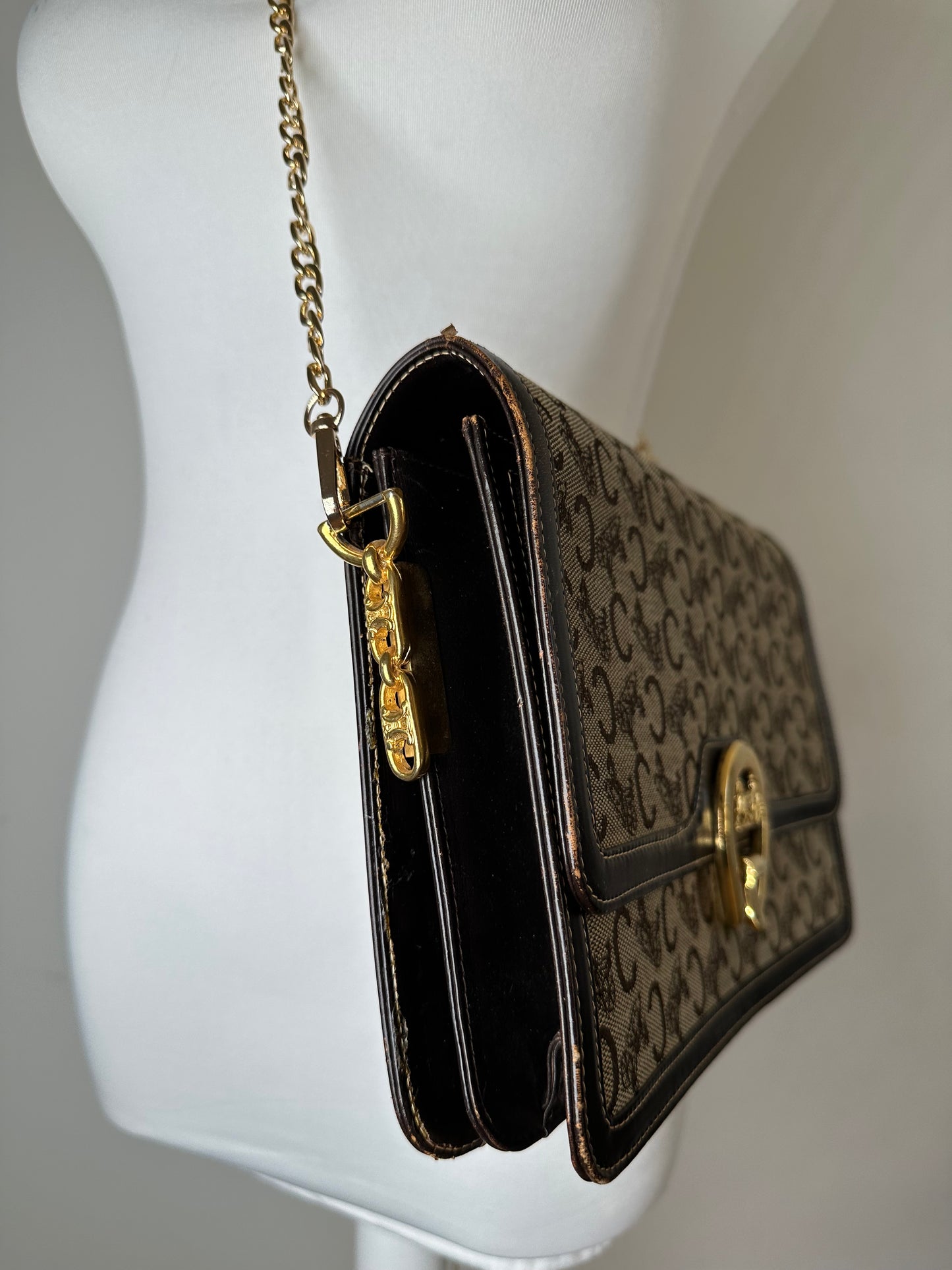 Vintage Celine C Logo Canvas Shoulder Bag Beige Brown Gold