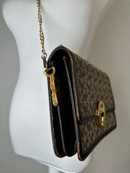 Vintage Celine C Logo Canvas Shoulder Bag Beige Brown Gold