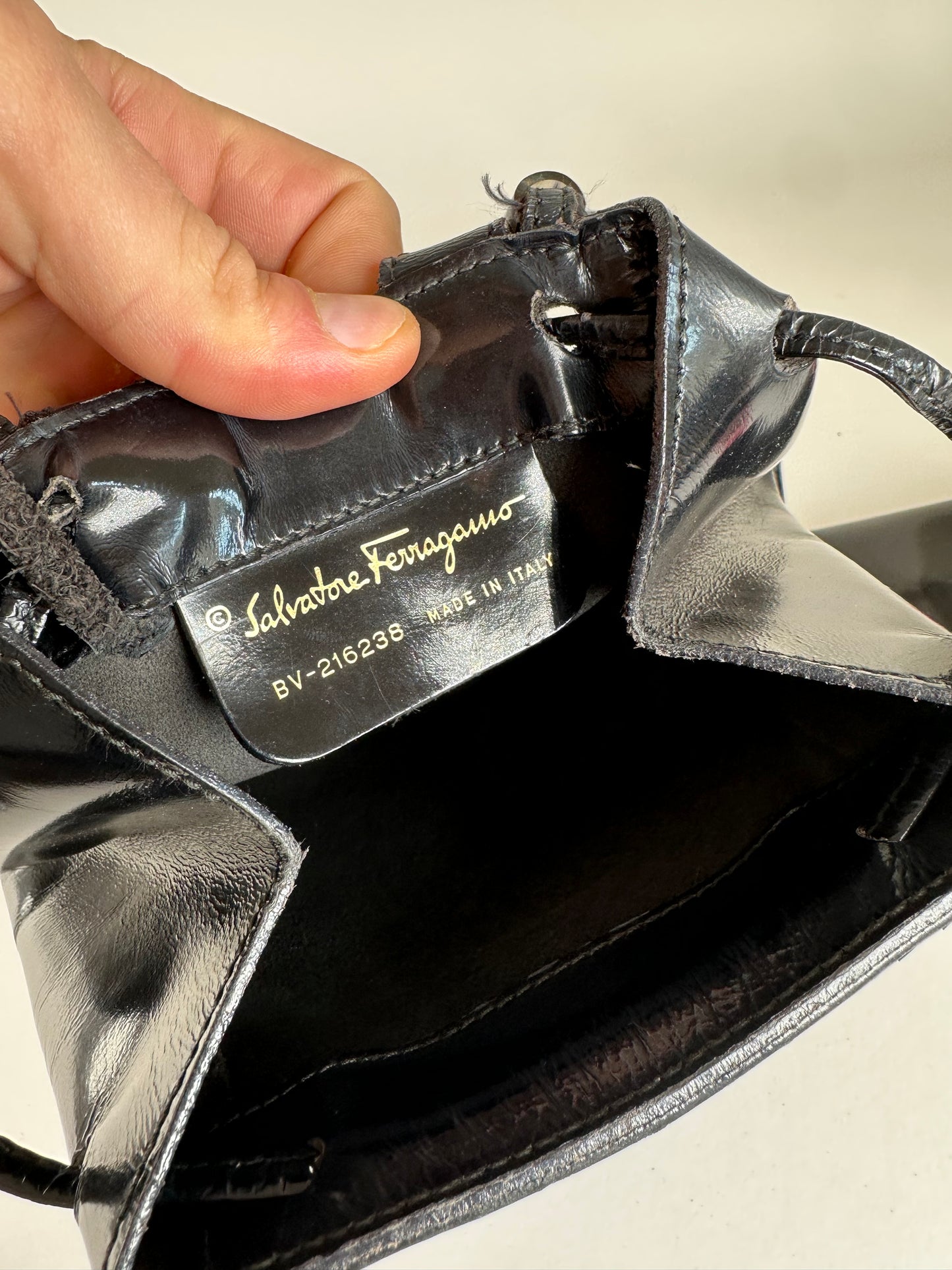 Vintage Salvatore Ferragamo Patent Leather Drawstring Backpack Black