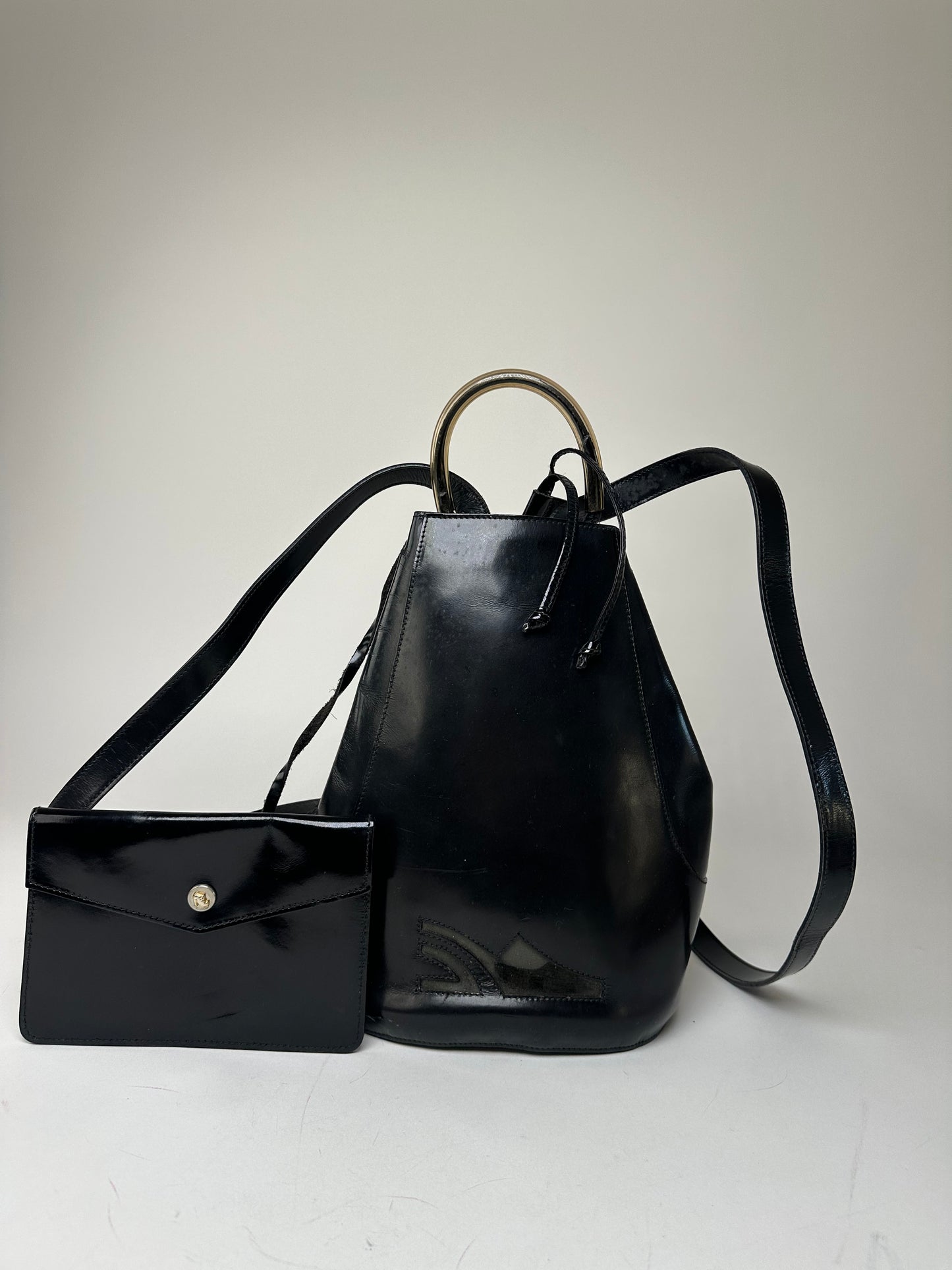 Vintage Salvatore Ferragamo Patent Leather Drawstring Backpack Black