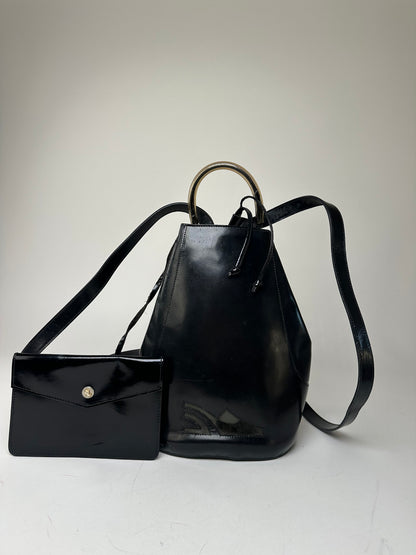 Vintage Salvatore Ferragamo Patent Leather Drawstring Backpack Black