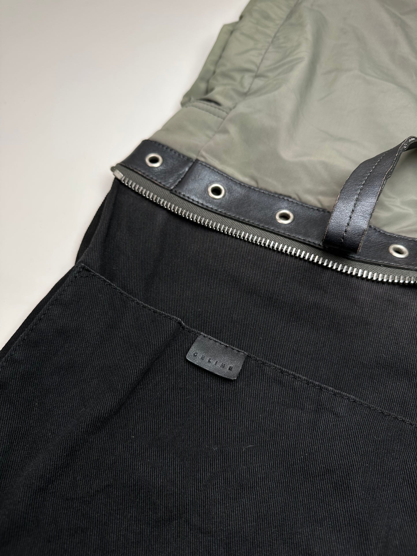 Vintage Celine Nylon Leather Trim Tote Olive Black