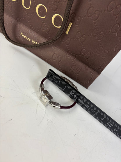 Vintage Gucci Stainless Steel Leather Strap Watch Silver Burgundy