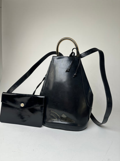 Vintage Salvatore Ferragamo Patent Leather Drawstring Backpack Black