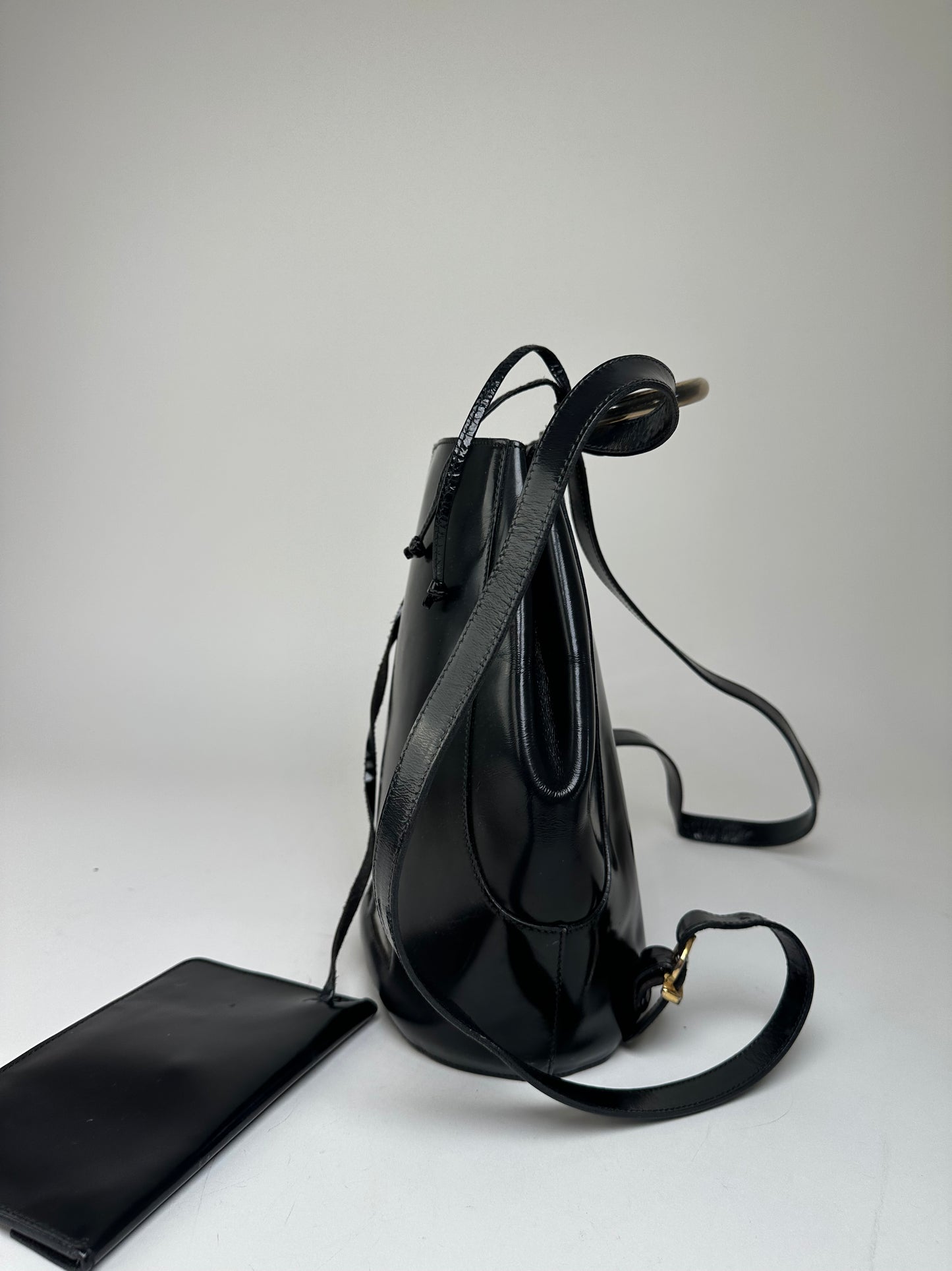 Vintage Salvatore Ferragamo Patent Leather Drawstring Backpack Black