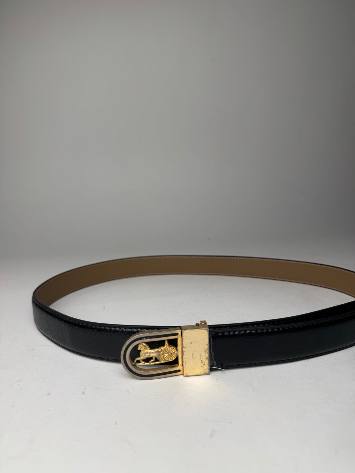 Vintage Celine Paris Carriage Logo Leather Belt Black