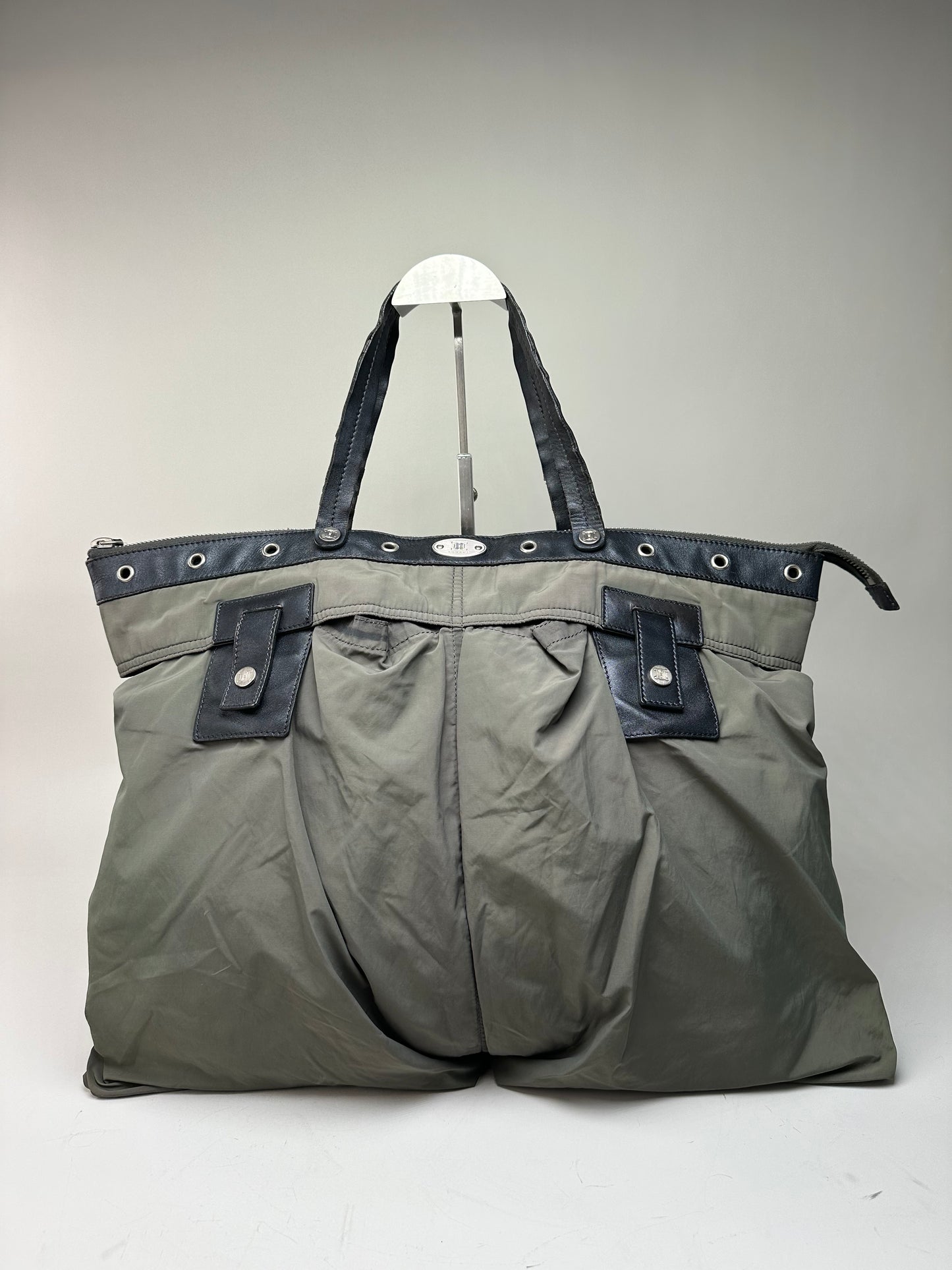 Vintage Celine Nylon Leather Trim Tote Olive Black
