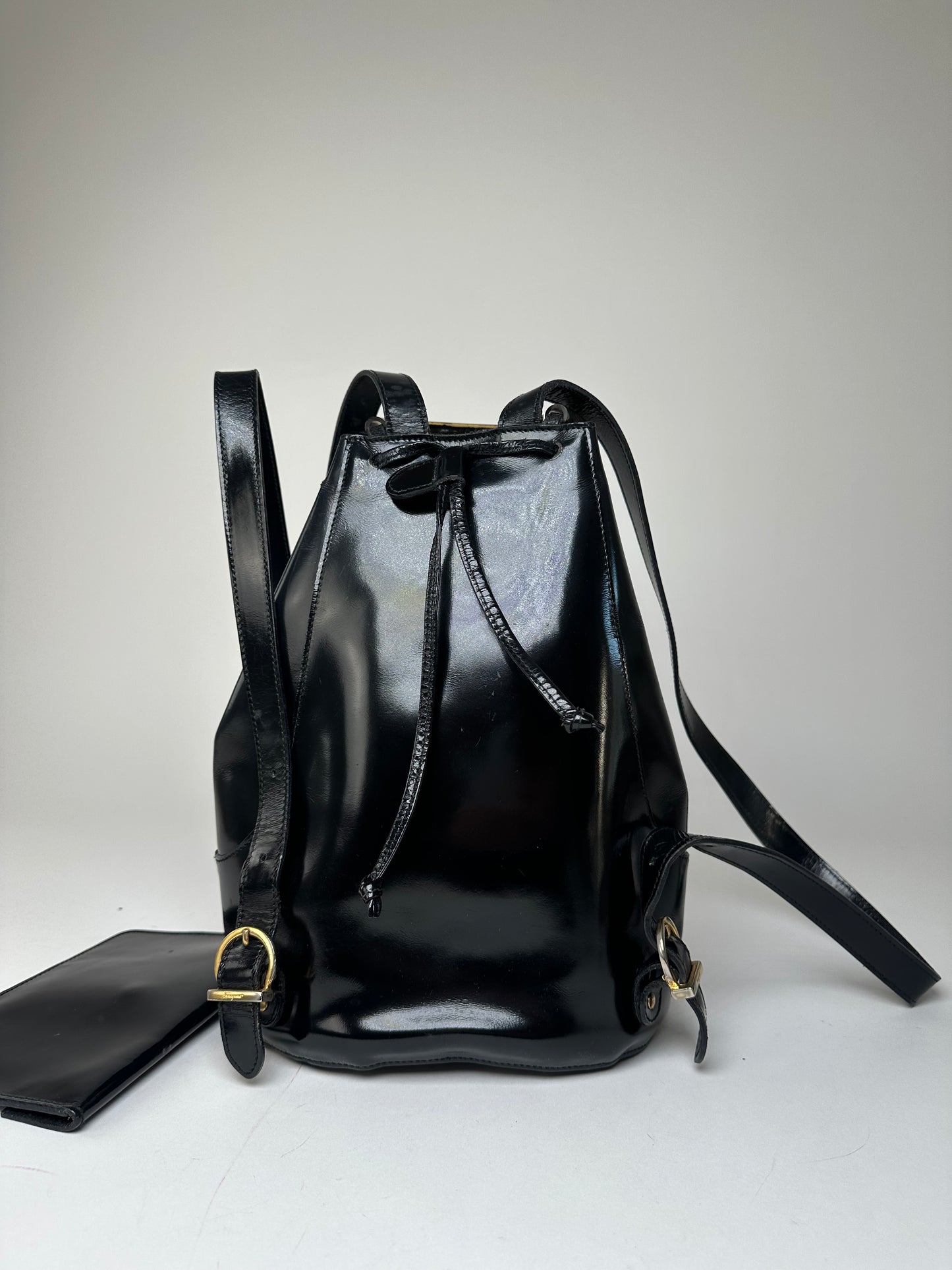 Vintage Salvatore Ferragamo Patent Leather Drawstring Backpack Black