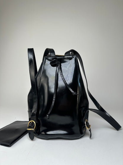Vintage Salvatore Ferragamo Patent Leather Drawstring Backpack Black