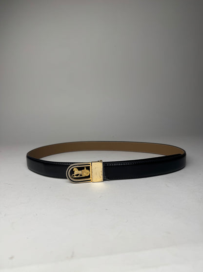 Vintage Celine Paris Carriage Logo Leather Belt Black