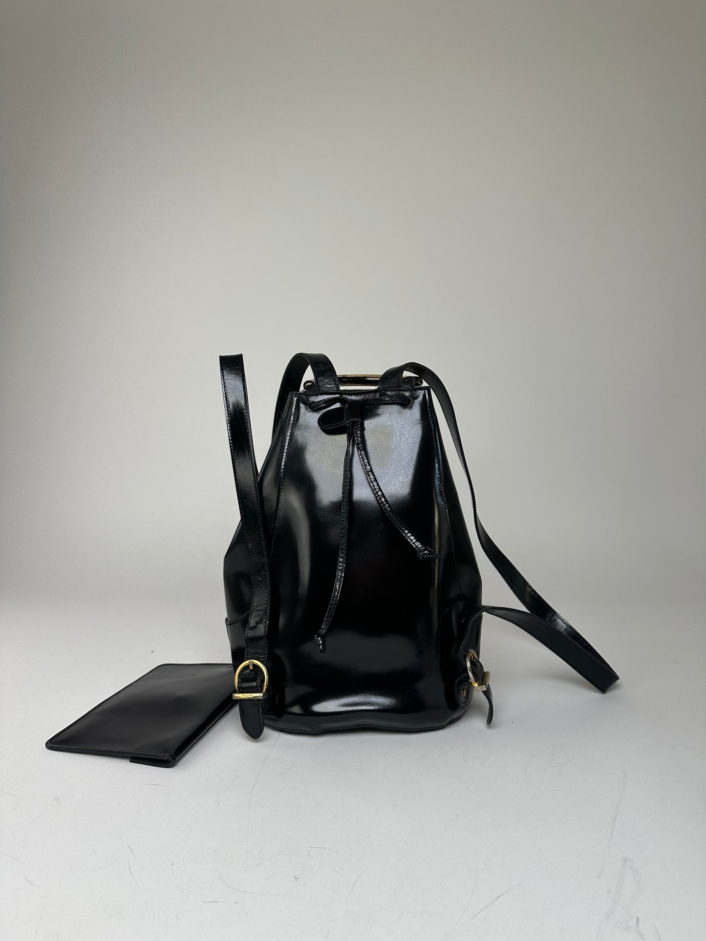 Vintage Salvatore Ferragamo Patent Leather Drawstring Backpack Black