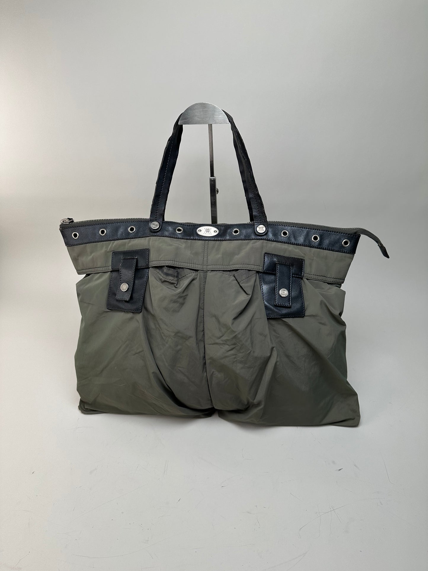 Vintage Celine Nylon Leather Trim Tote Olive Black
