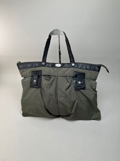 Vintage Celine Nylon Leather Trim Tote Olive Black