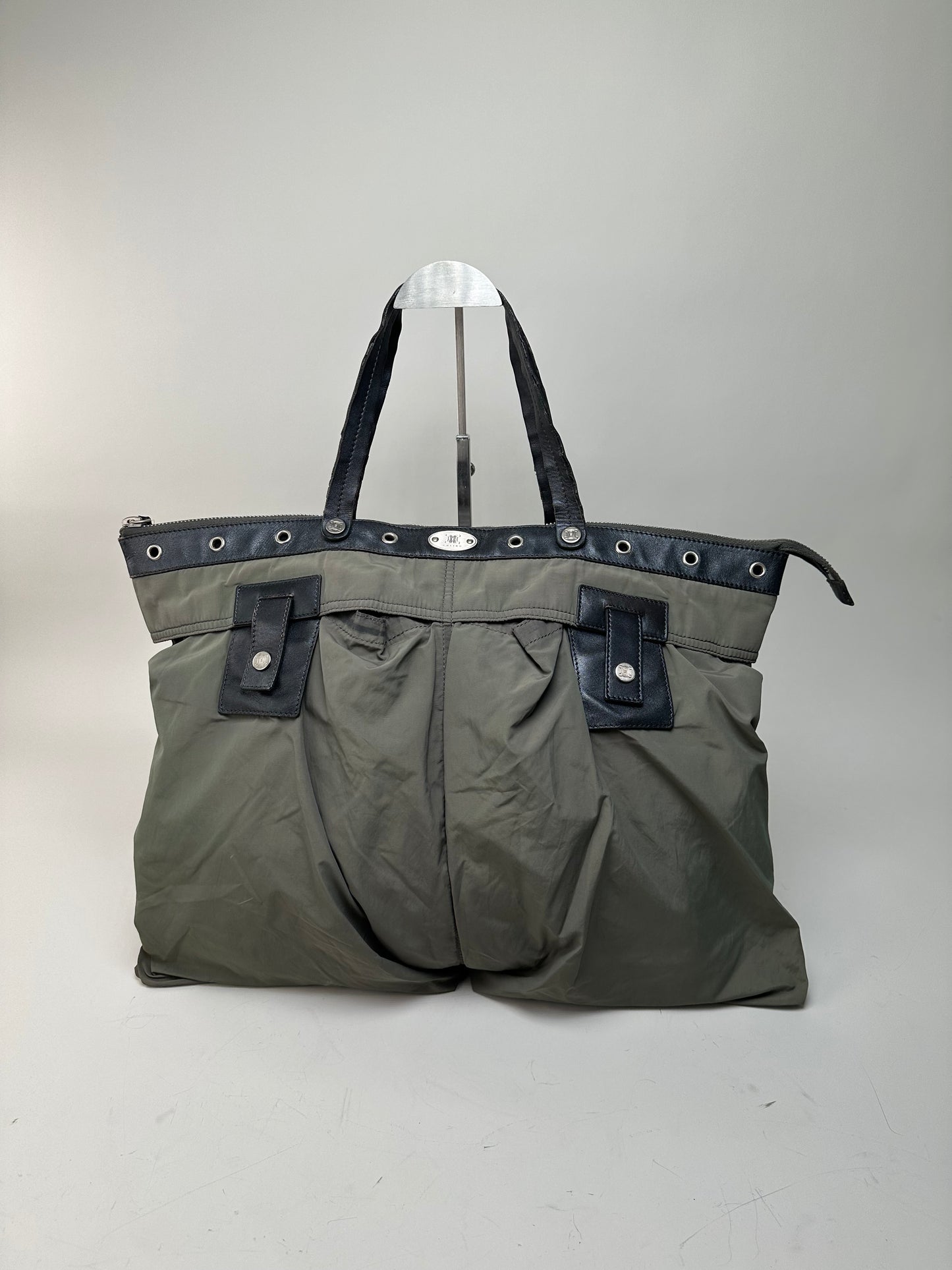 Vintage Celine Nylon Leather Trim Tote Olive Black