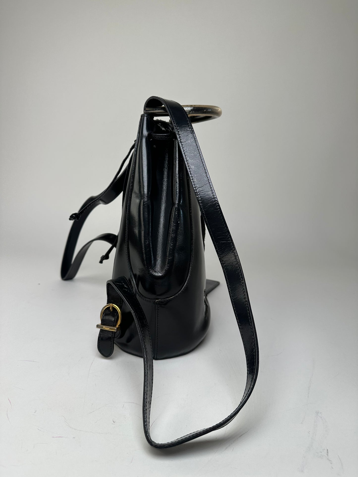 Vintage Salvatore Ferragamo Patent Leather Drawstring Backpack Black