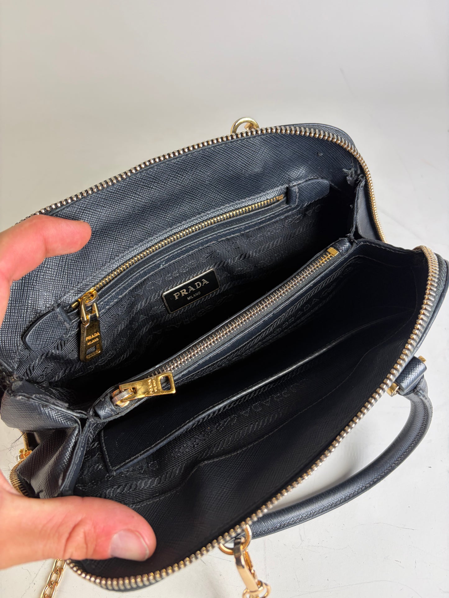 Vintage Prada Saffiano Leather Handbag Dark Blue Gold