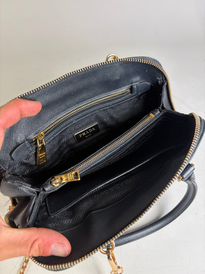 Vintage Prada Saffiano Leather Handbag Dark Blue Gold