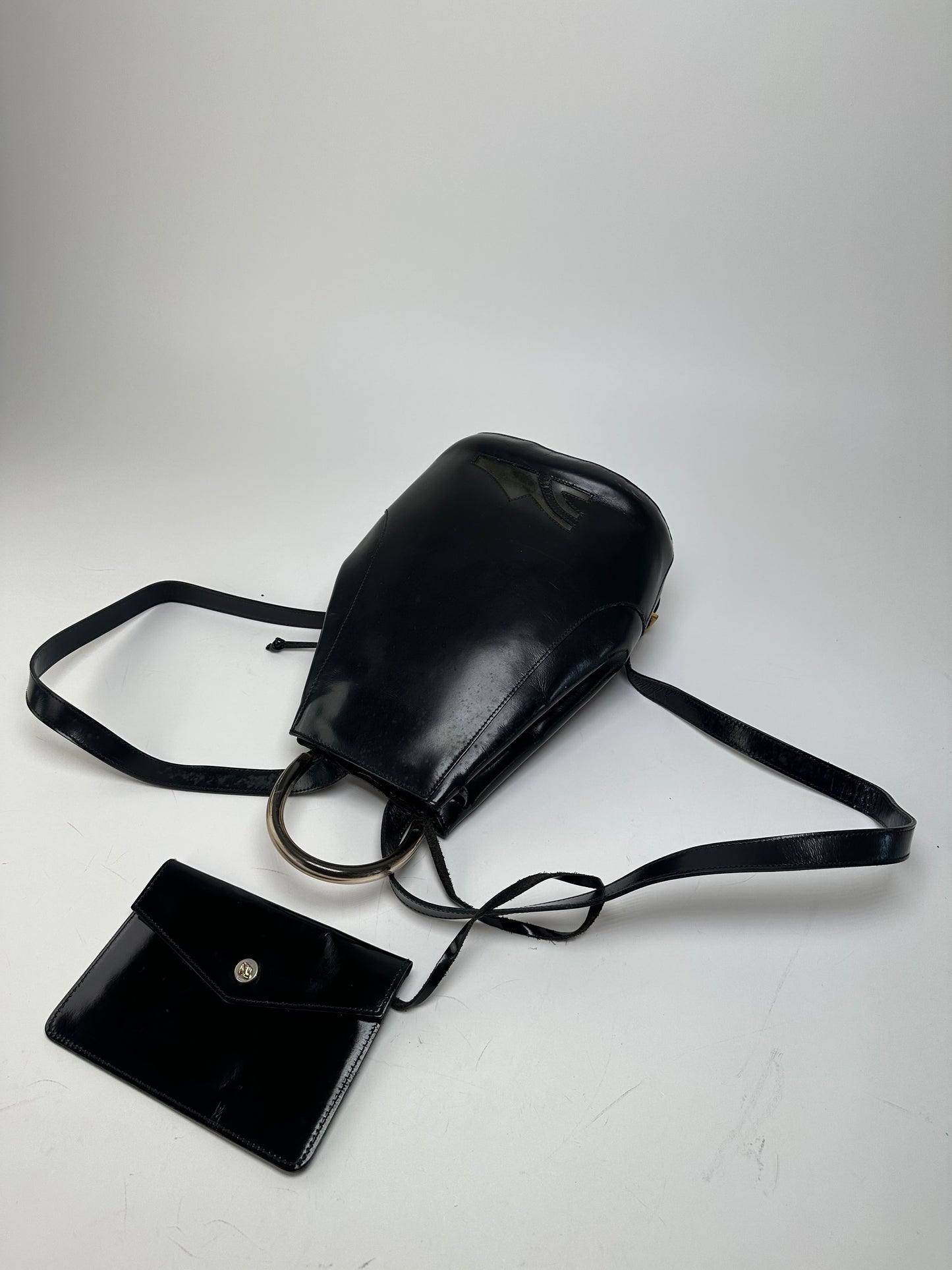 Vintage Salvatore Ferragamo Patent Leather Drawstring Backpack Black