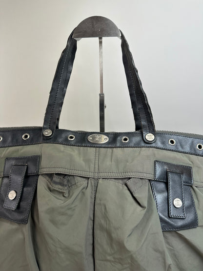 Vintage Celine Nylon Leather Trim Tote Olive Black