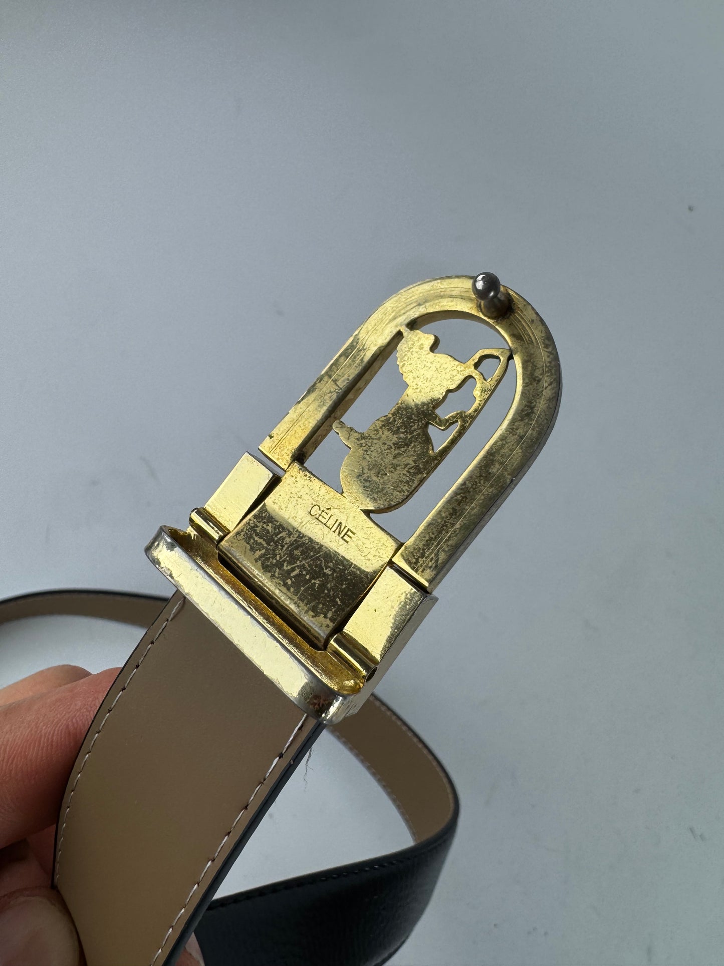 Vintage Celine Paris Carriage Logo Leather Belt Black