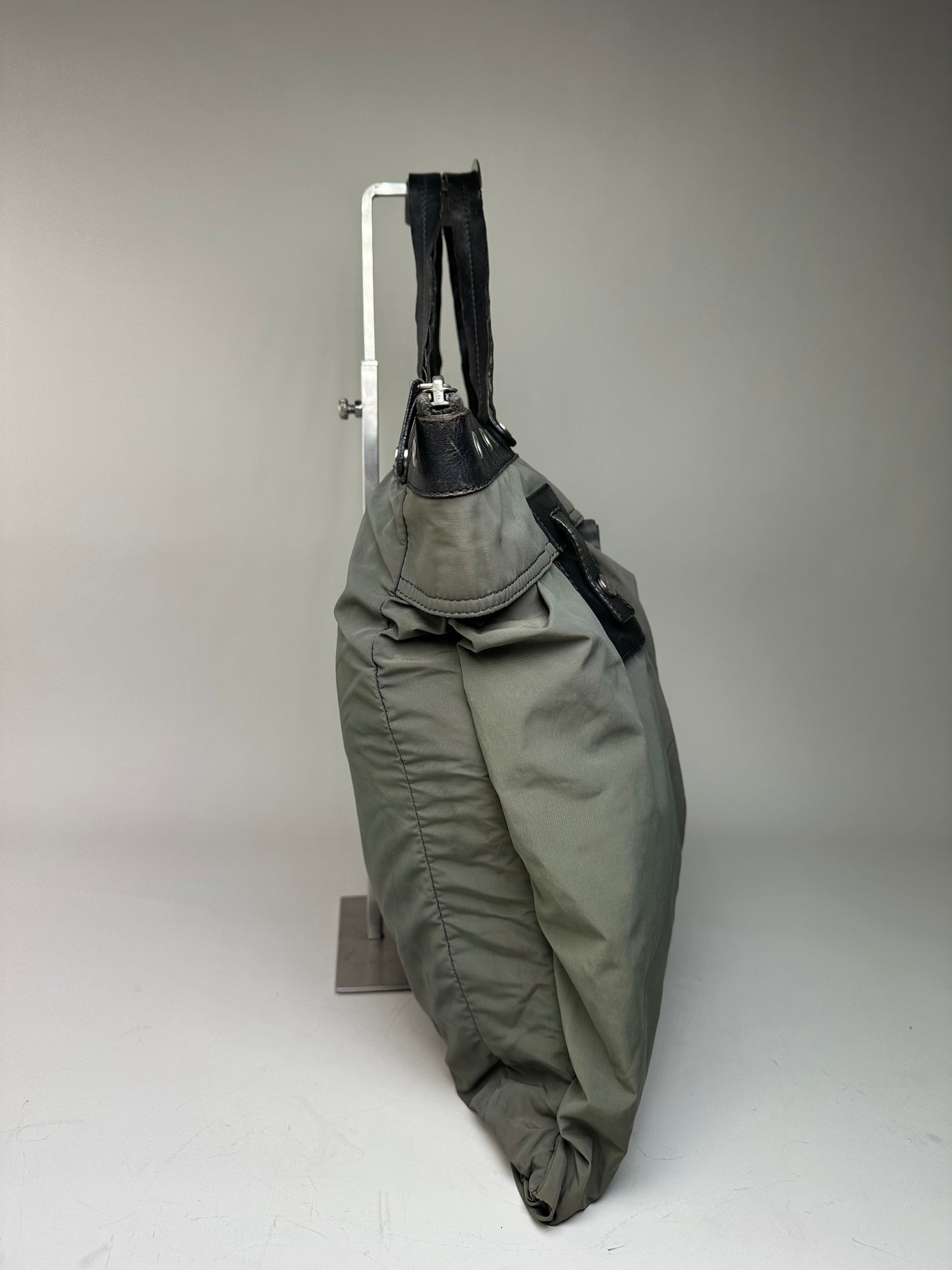 Vintage Celine Nylon Leather Trim Tote Olive Black