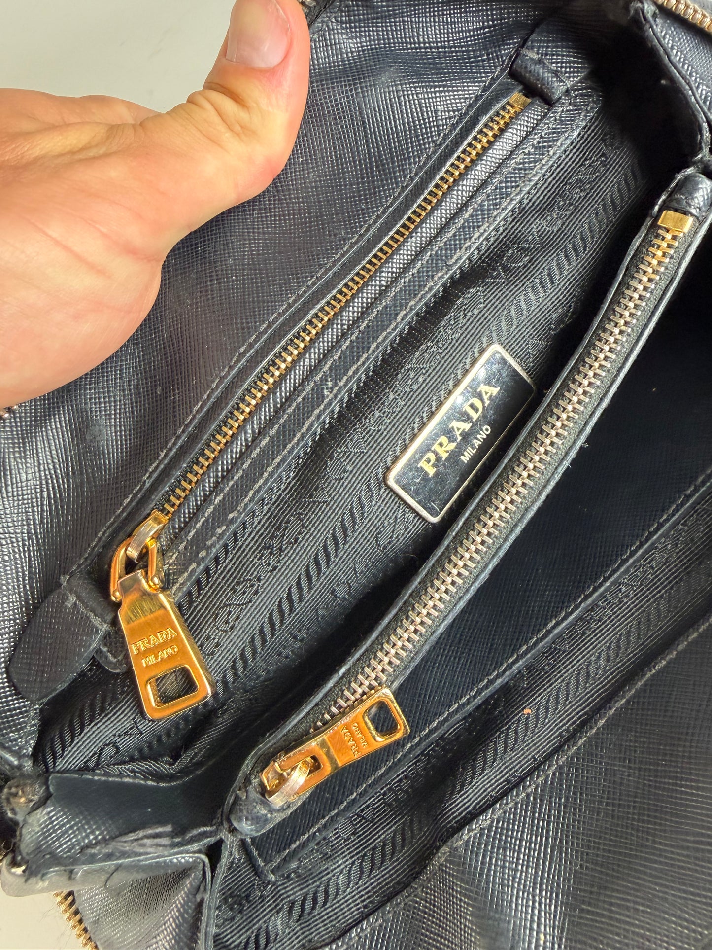 Vintage Prada Saffiano Leather Handbag Dark Blue Gold