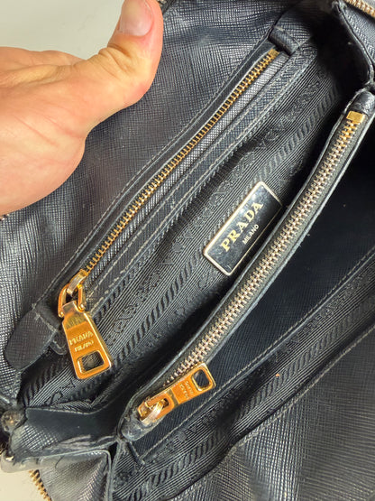 Vintage Prada Saffiano Leather Handbag Dark Blue Gold