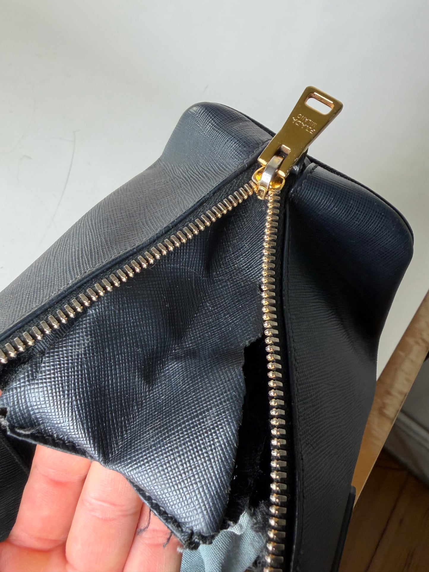 Vintage Prada Saffiano Leather Handbag Dark Blue Gold
