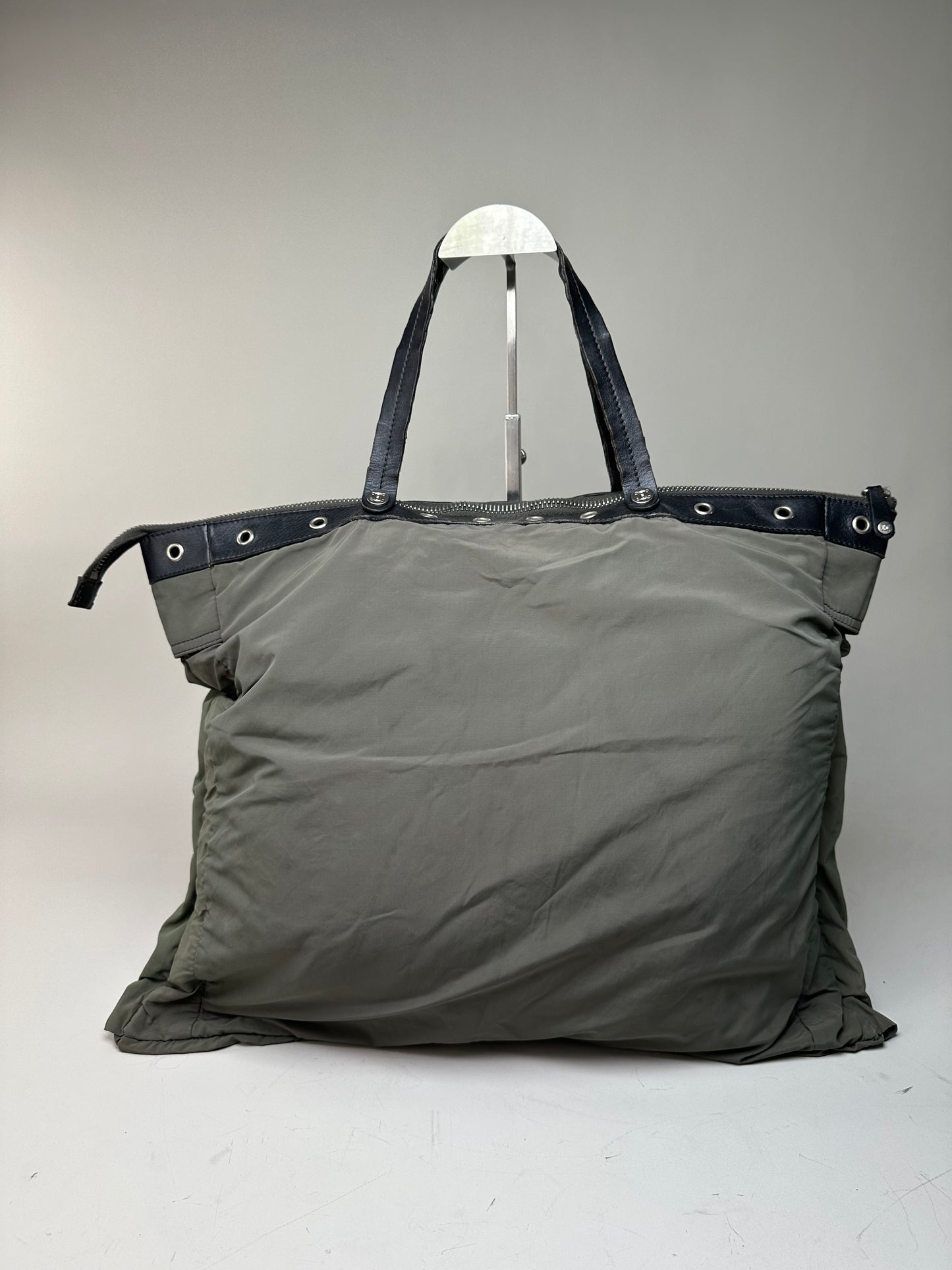 Vintage Celine Nylon Leather Trim Tote Olive Black