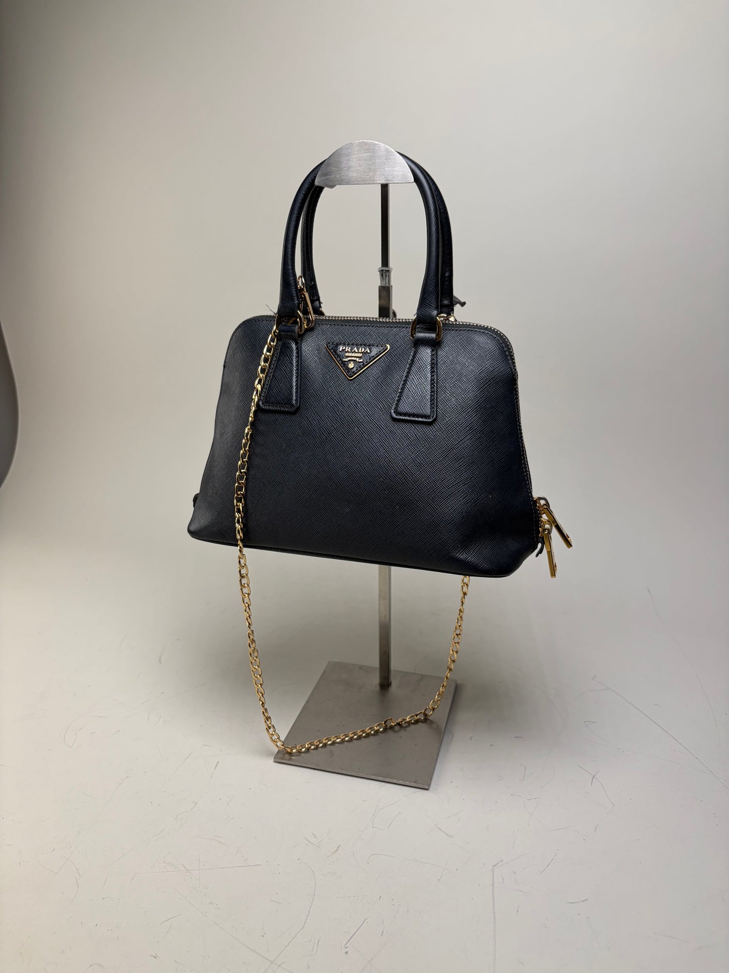 Vintage Prada Saffiano Leather Handbag Dark Blue Gold