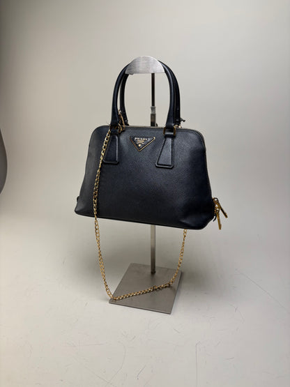 Vintage Prada Saffiano Leather Handbag Dark Blue Gold