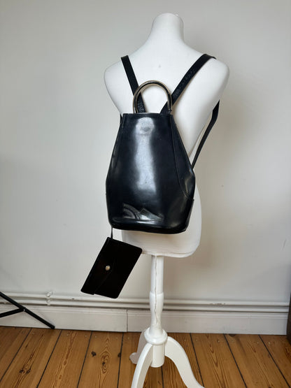 Vintage Salvatore Ferragamo Patent Leather Drawstring Backpack Black