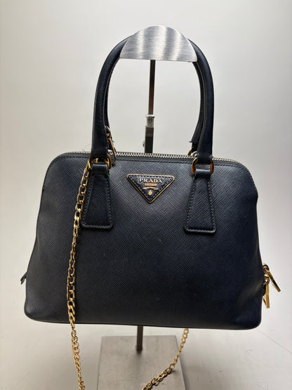 Vintage Prada Saffiano Leather Handbag Dark Blue Gold