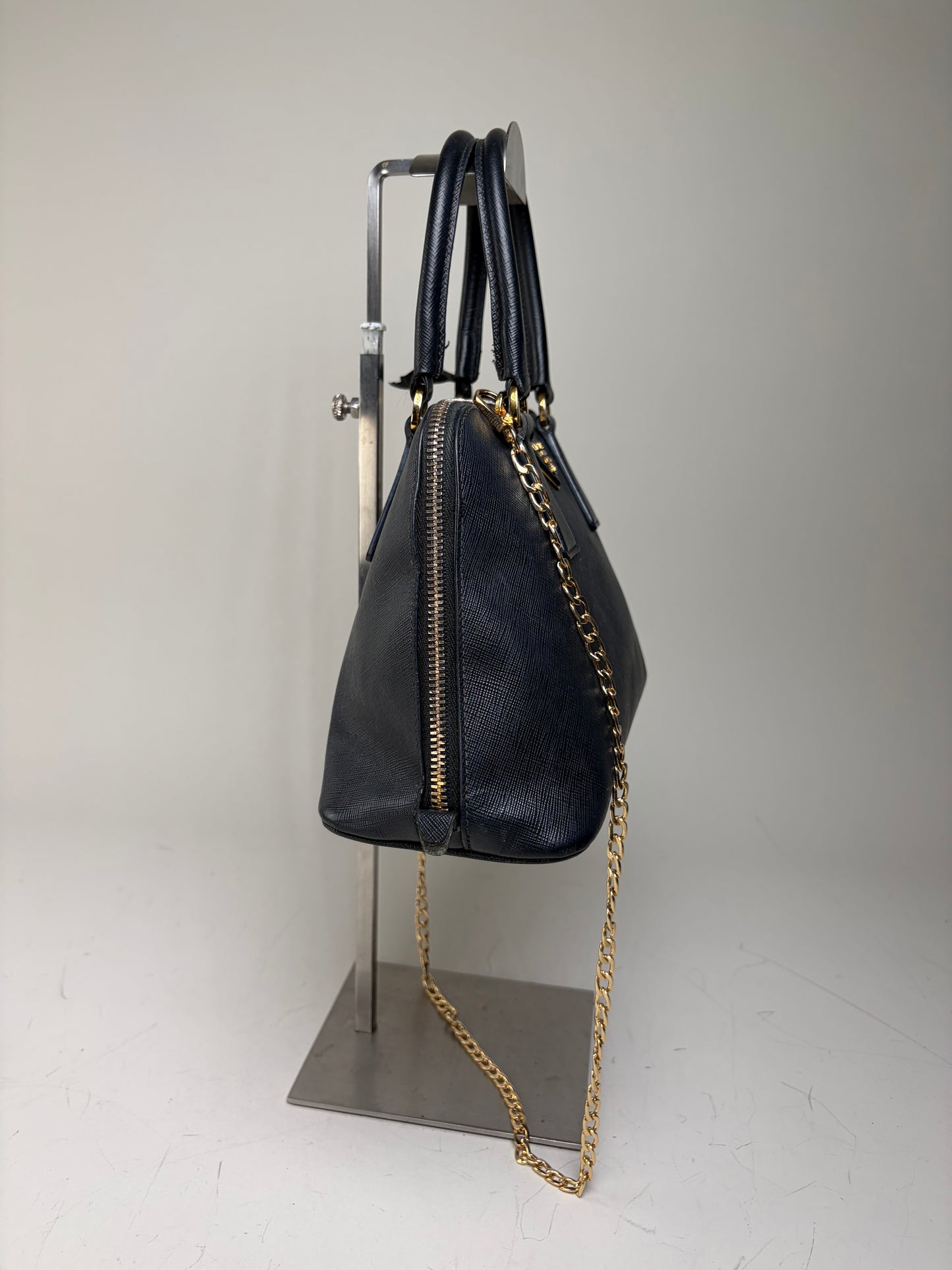 Vintage Prada Saffiano Leather Handbag Dark Blue Gold