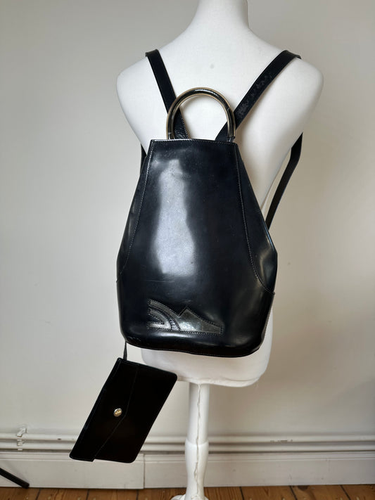 Vintage Salvatore Ferragamo Patent Leather Drawstring Backpack Black