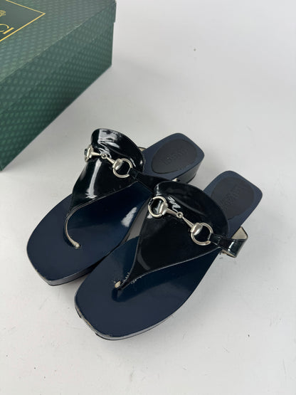 Vintage Gucci Patent Leather Horsebit Sandals Black EU38
