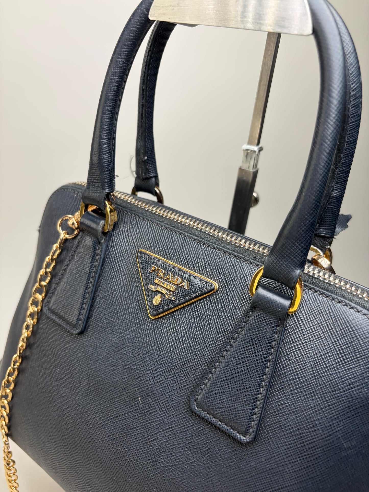 Vintage Prada Saffiano Leather Handbag Dark Blue Gold