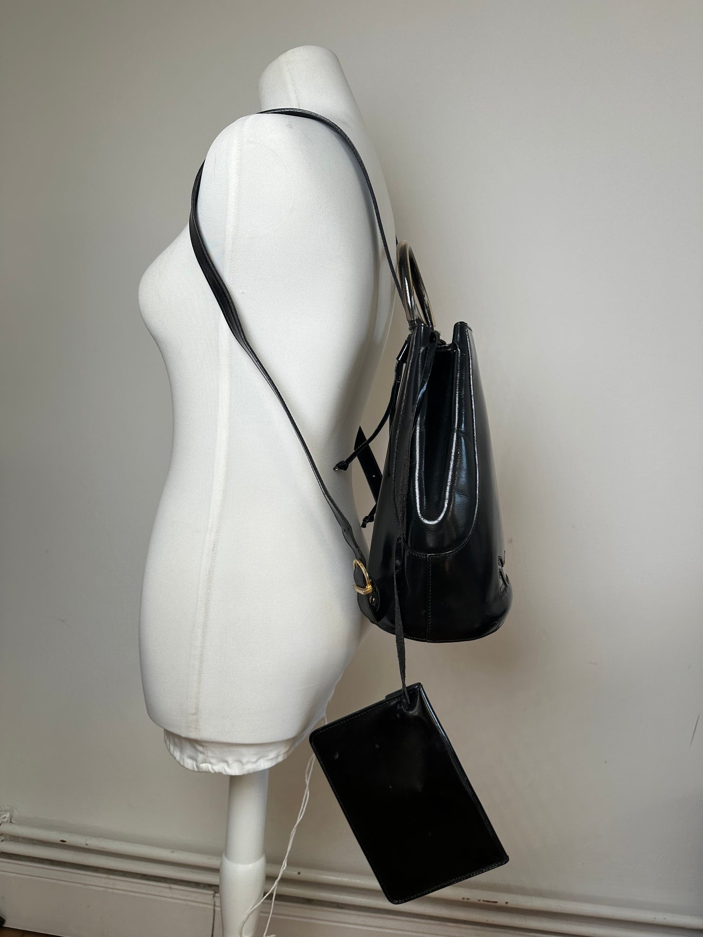 Vintage Salvatore Ferragamo Patent Leather Drawstring Backpack Black