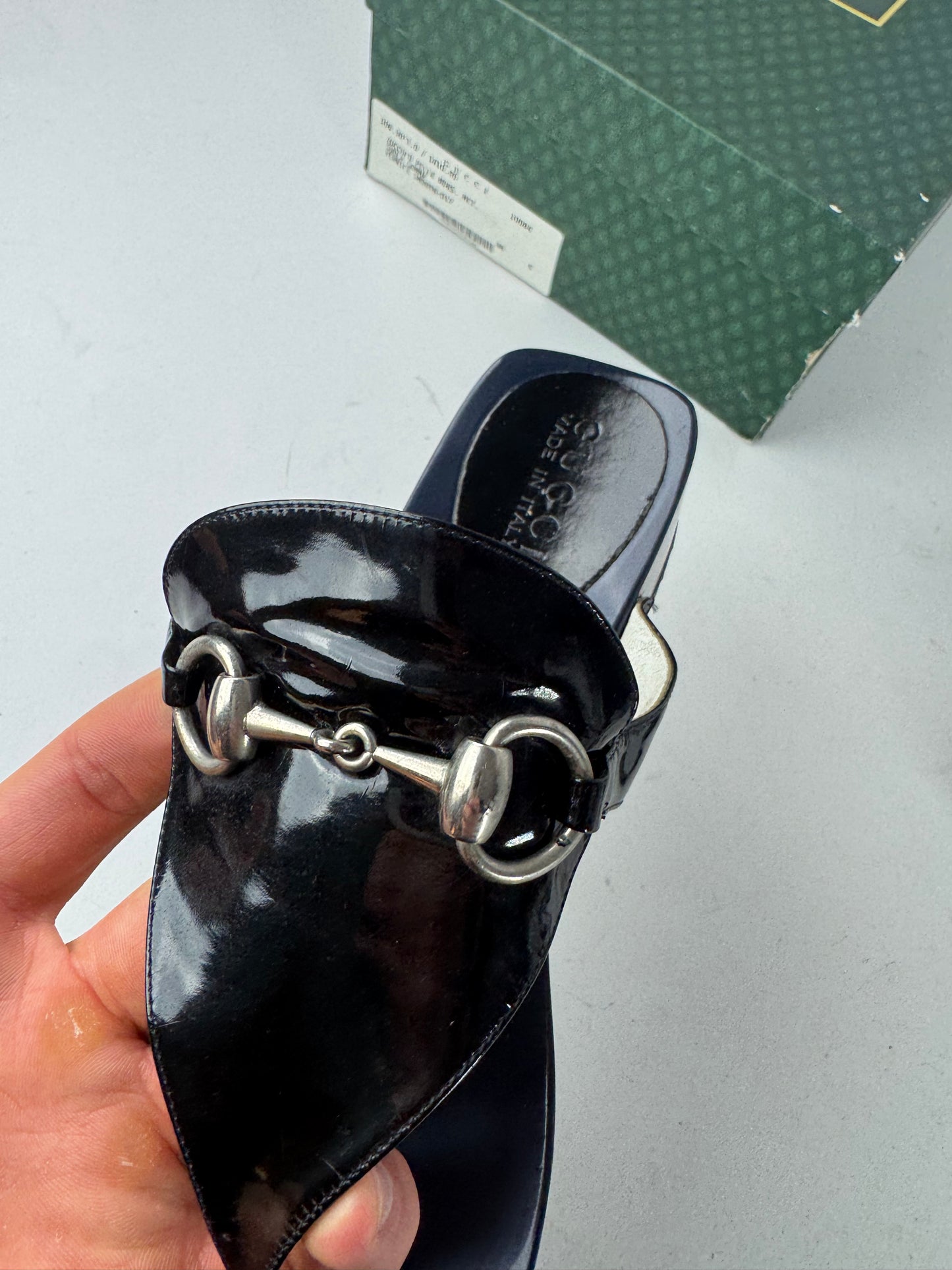 Vintage Gucci Patent Leather Horsebit Sandals Black EU38