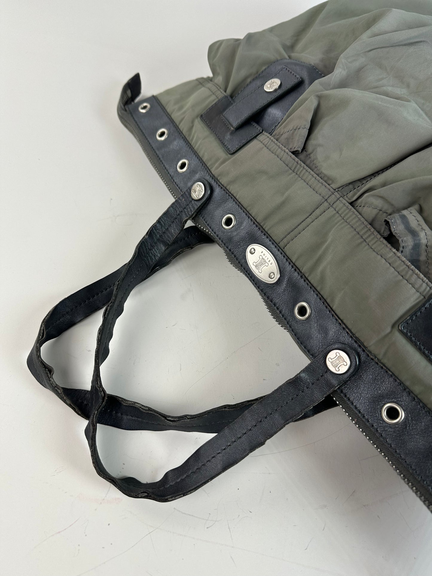 Vintage Celine Nylon Leather Trim Tote Olive Black