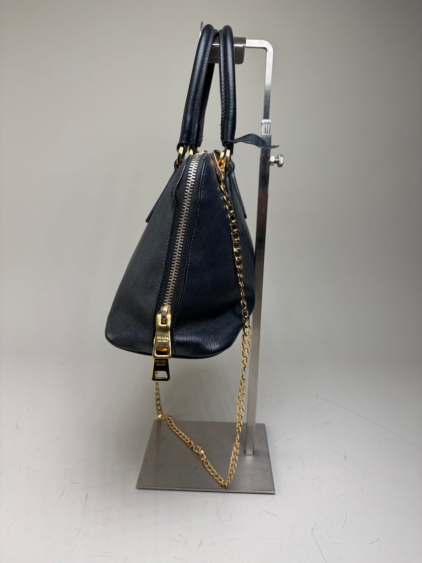 Vintage Prada Saffiano Leather Handbag Dark Blue Gold