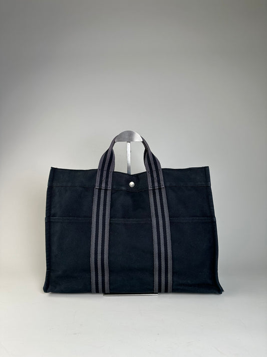 Vintage Hermes Canvas Tote Bag Black Grey Stripes